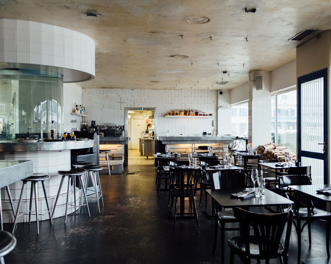 Inside the renoveated fishmonger Kødbyens Fiskebar in Copenhagen.