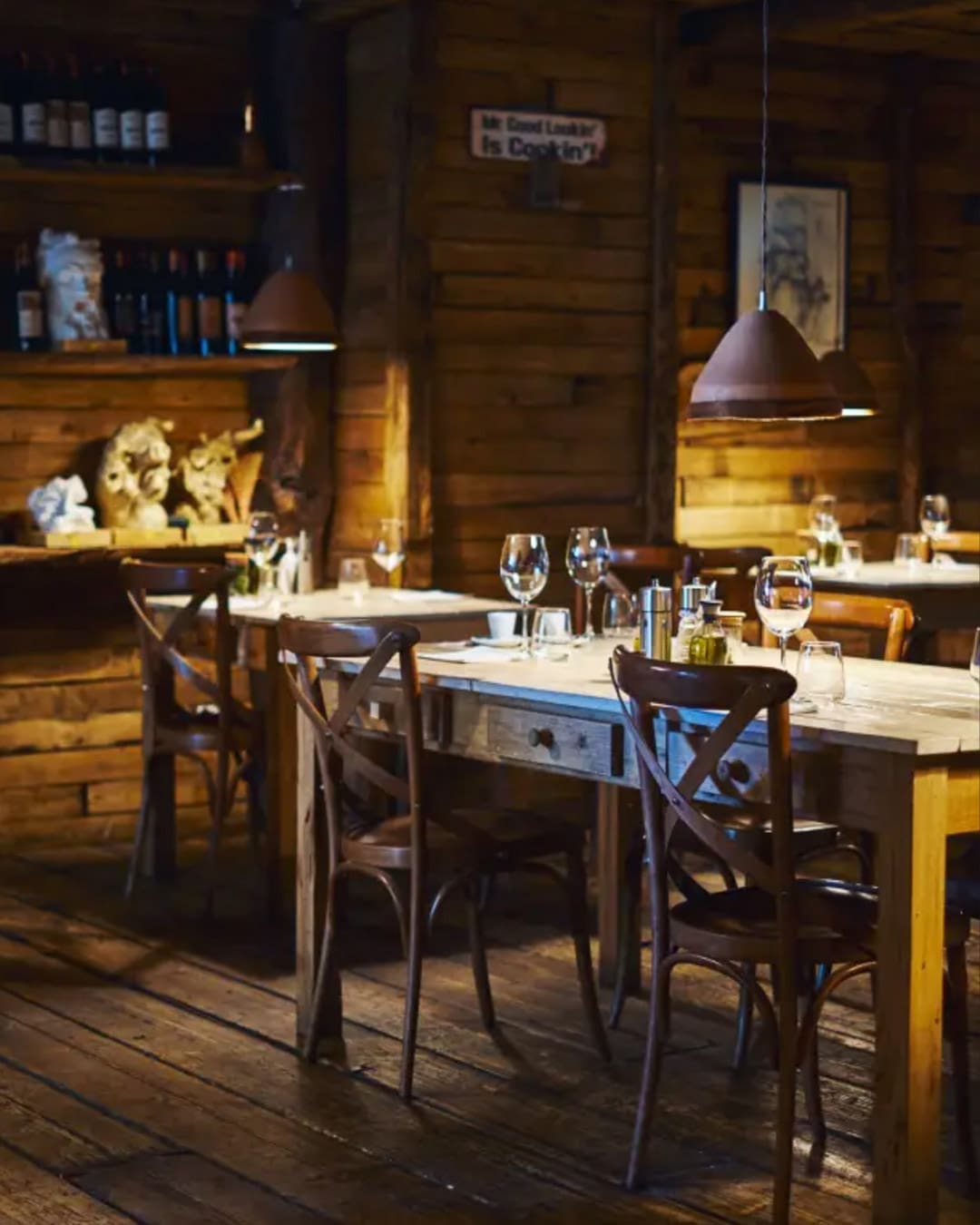 Wooden decor defines the space at chef Bledar Kola's restaurant Mullixhiu