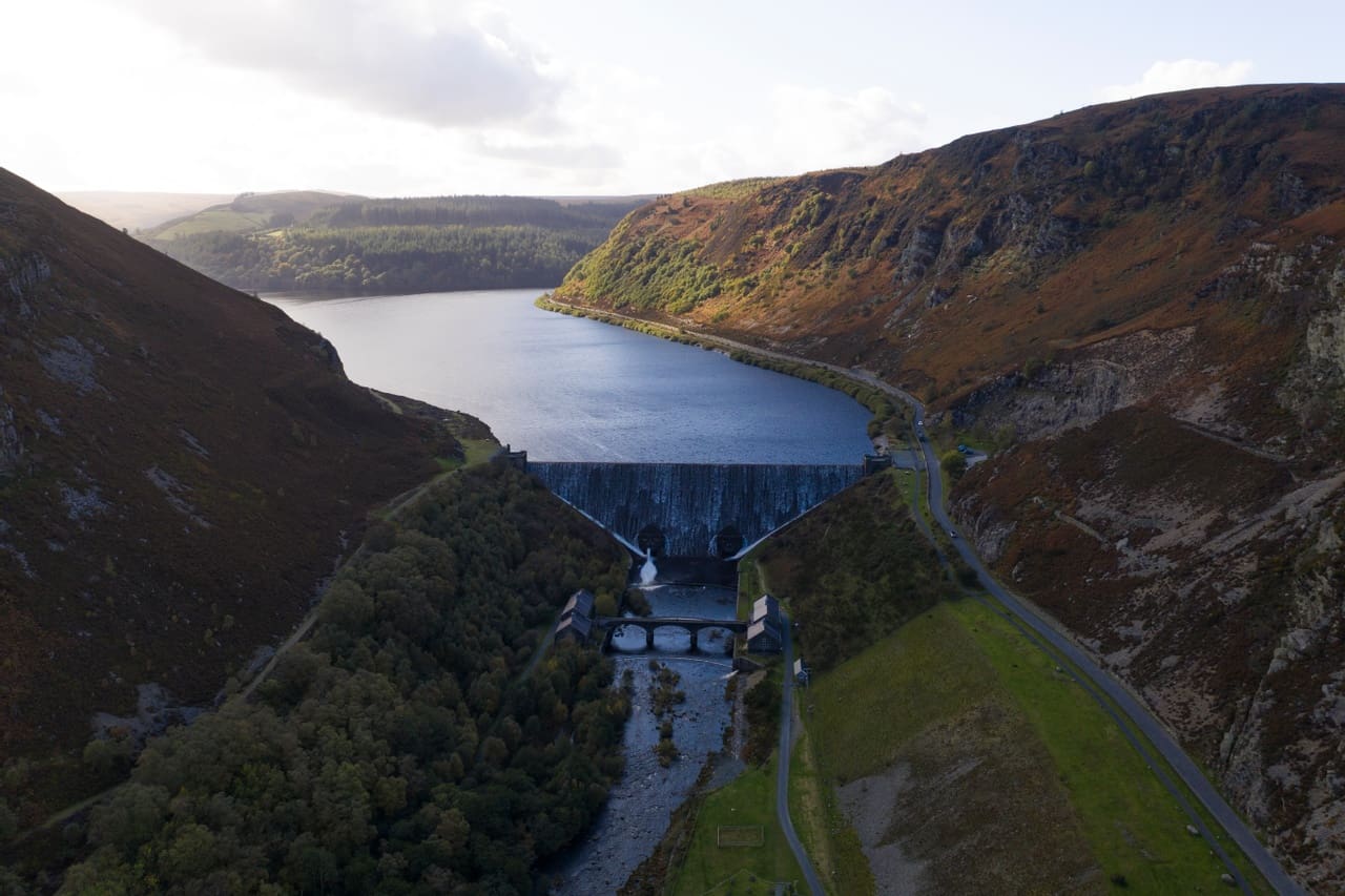 An aerial view of Cabon Coch Reservoir in the Elan Valley.