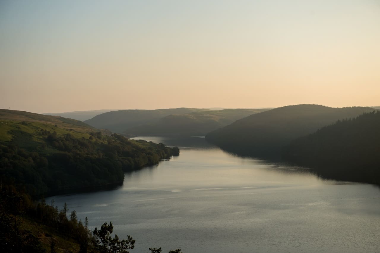 A view of Llyn Brianne Reservoir in the Cambrian Mountains of Wales.