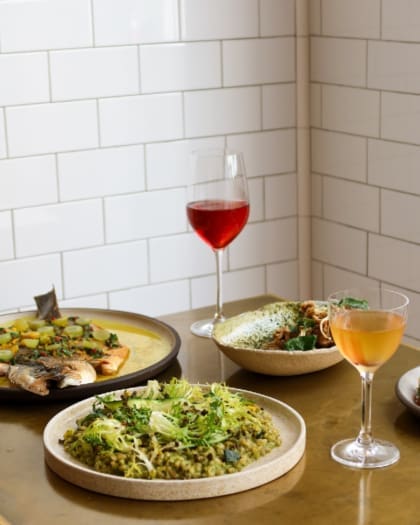 Dishes and wines at Nopi, Soho