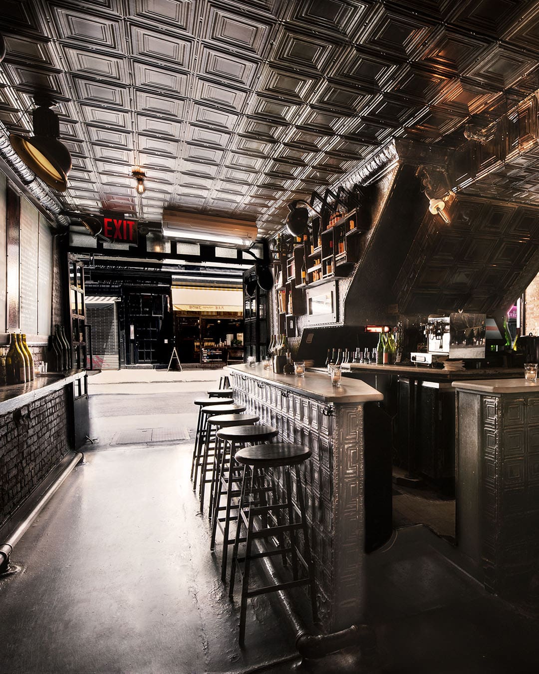 Looking out from the bar area of Ten Bells to the streets of New York City, NYC