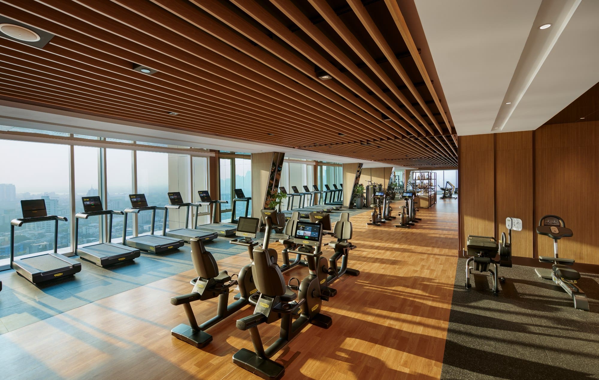 Plentiful Technogym fitness equipment and park views at the Gravity Fit Club at Grande Centre Point Lumphini Bangkok