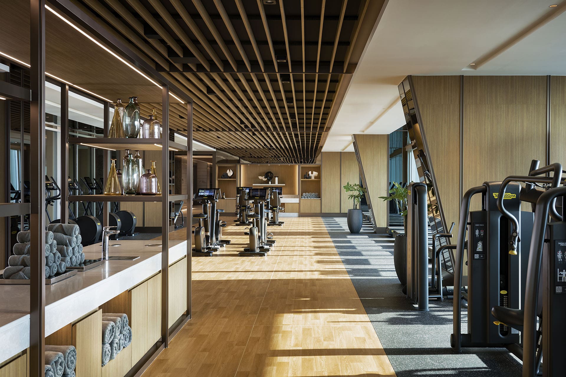 A wide array of exercise machines as part of the hotel fitness offering at the Grande Centre Point Lumphini