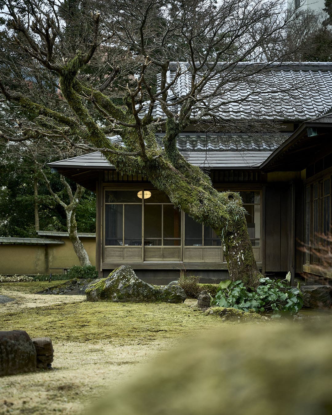 A traditional ryokan in a landscaped garden