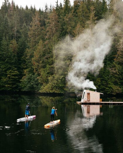 A floating Sauna Dock in a wild lake wilderness. Nimmo Bay Wilderness Experience