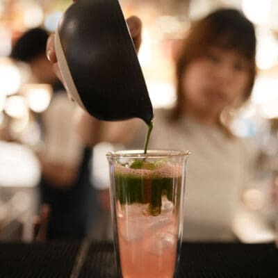 A matcha drink being prepared at Karo
