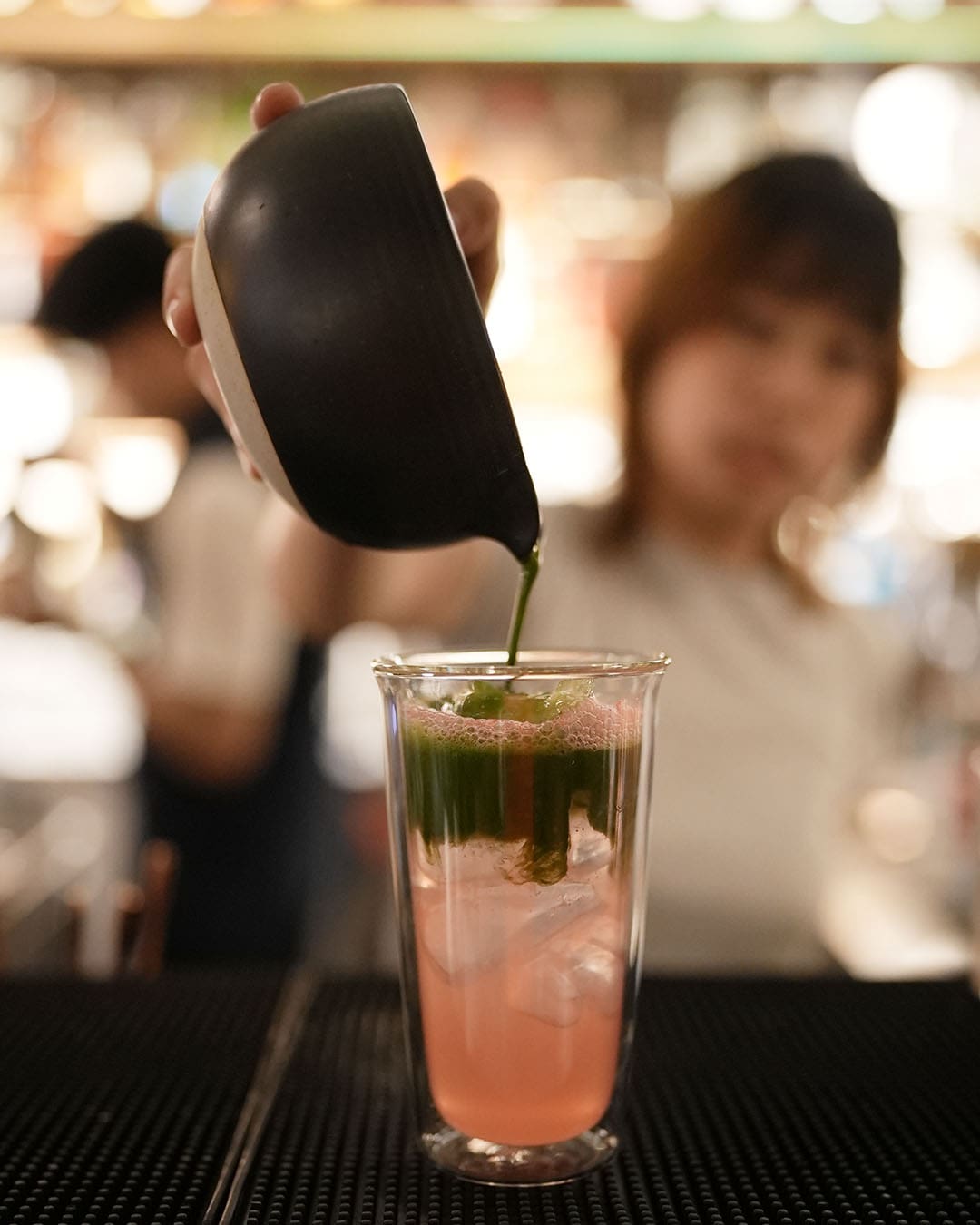 A matcha drink being prepared at Public House, a new Karo collaboration