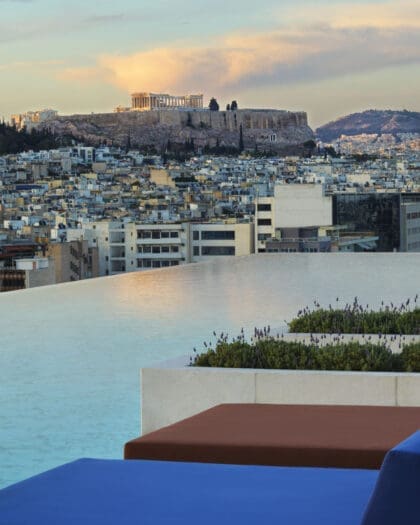 The infinity pool at Grand Hyatt Athens, with a view of the Acropolis