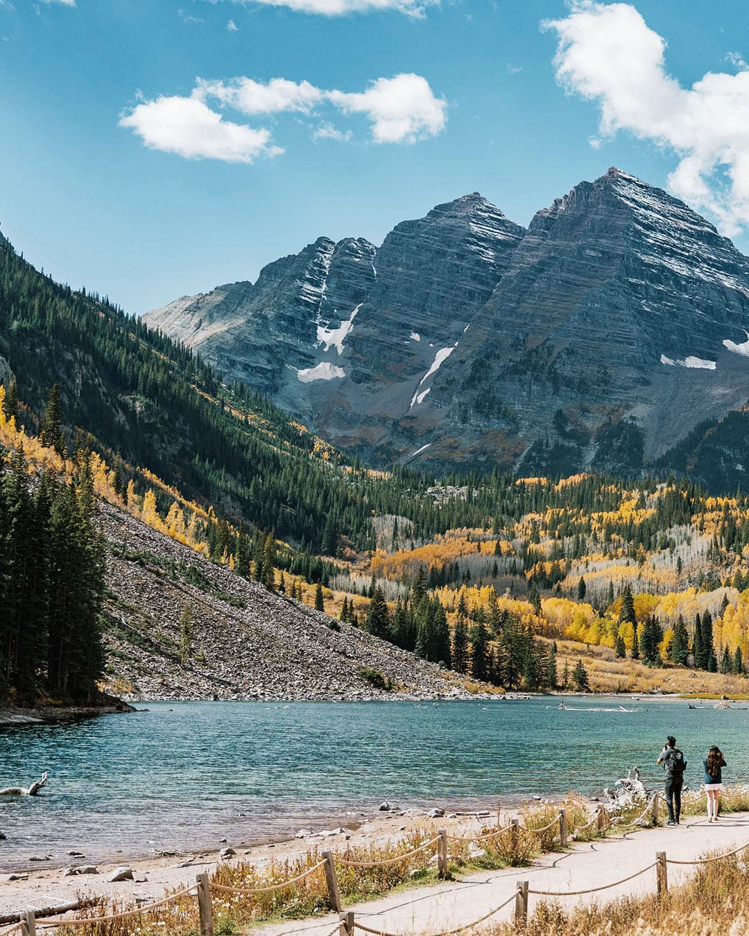 Lake views of Aspen in Colorado. People walking along path