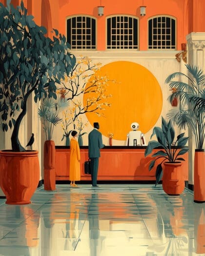 futuristic illustration of a robot behind a hotel desk