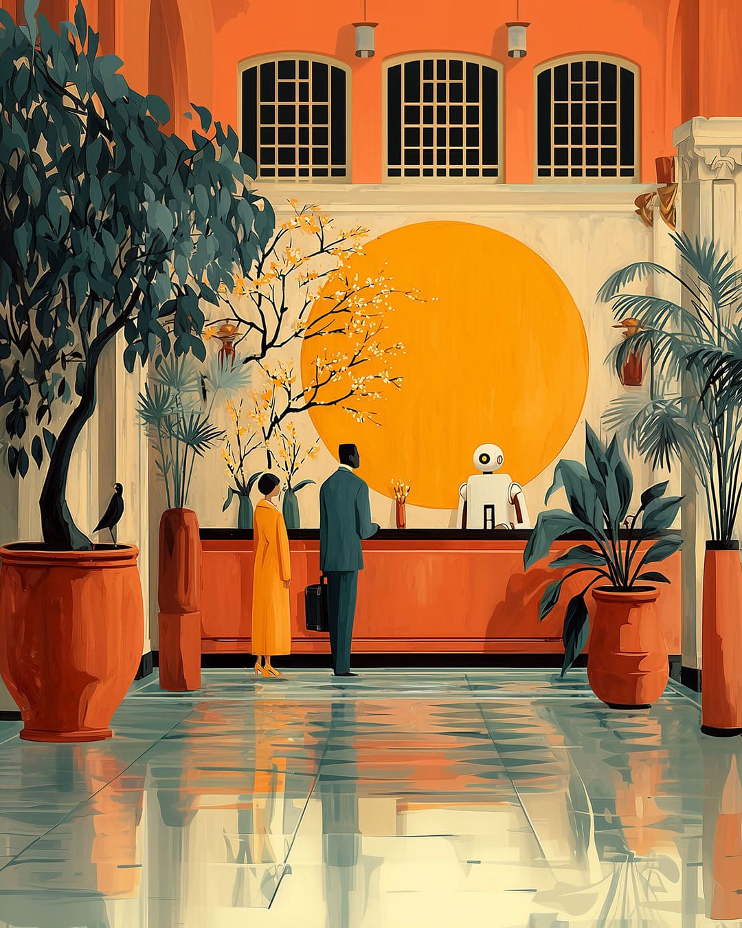 futuristic illustration of a robot behind a hotel desk