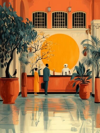 futuristic illustration of a robot behind a hotel desk