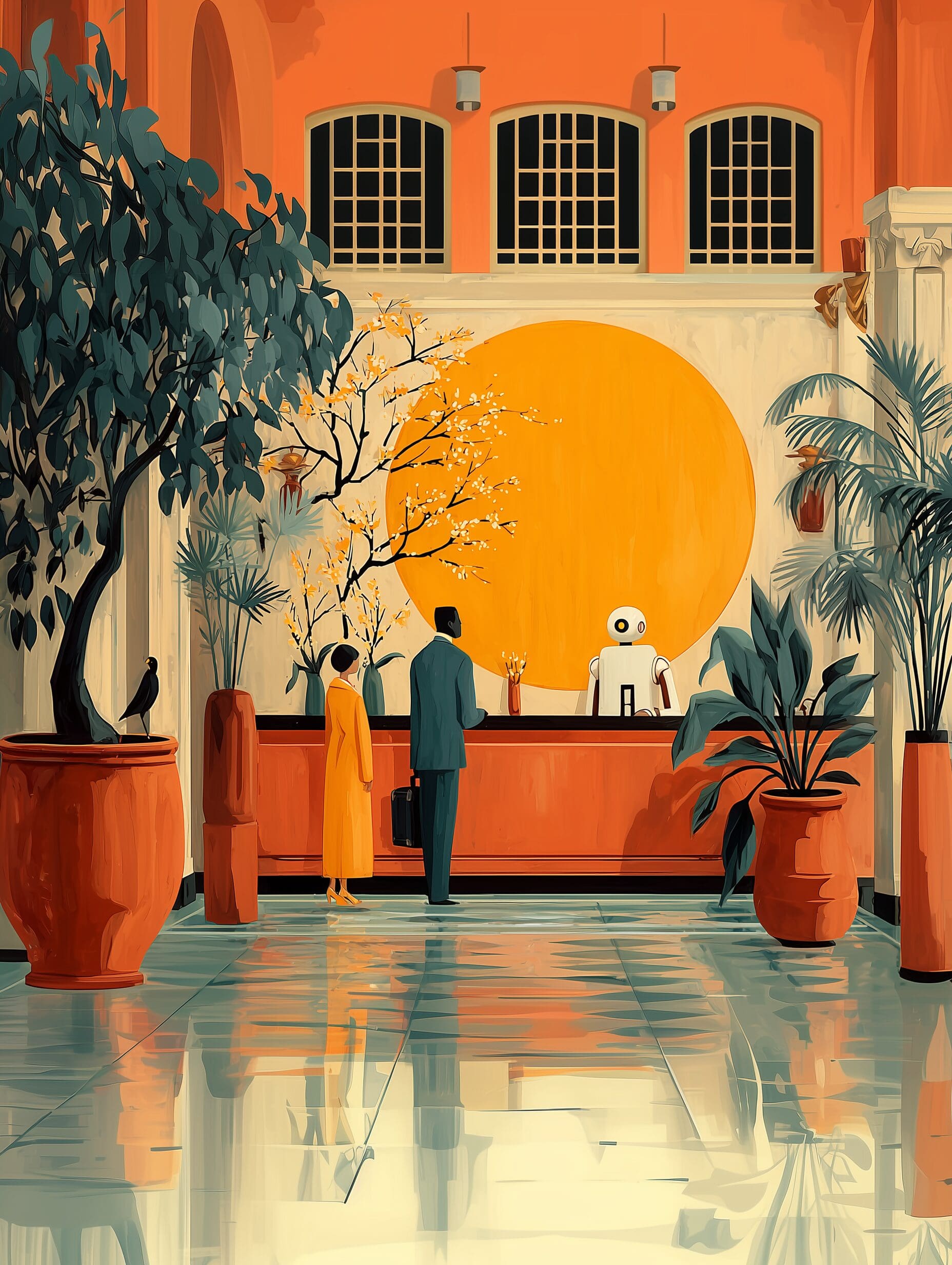 futuristic illustration of a robot behind a hotel desk