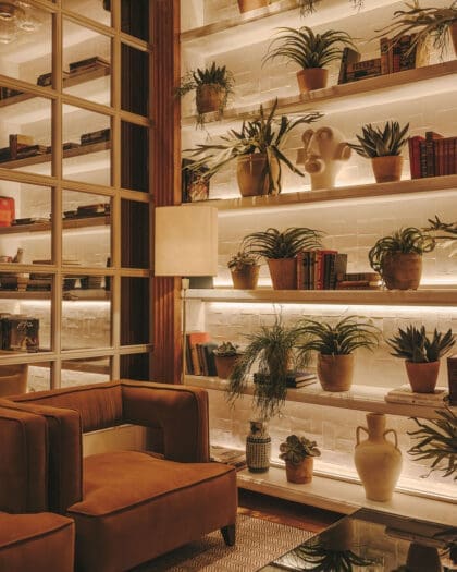 A plant and art wall at Pulitzer Barcelona