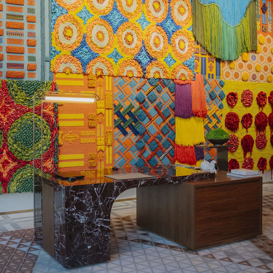 Ploenchan (Mook) Vinyaratn's textile mural in the lobby of Andaz One Bangkok. Photography by Adam Birkan