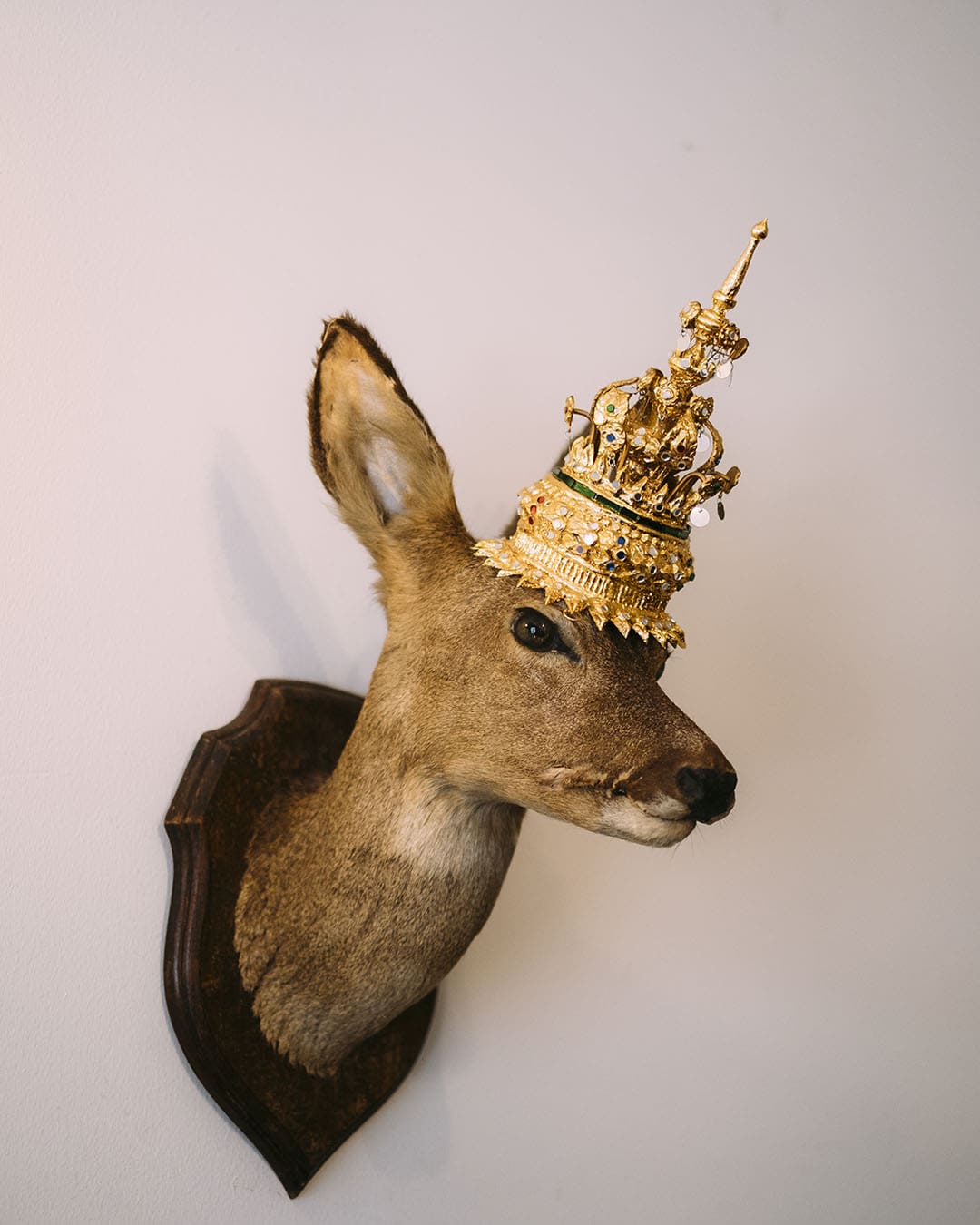 A stuffed deer head wearing a crown in Nakrob Moonmanas's studio in Bangkok