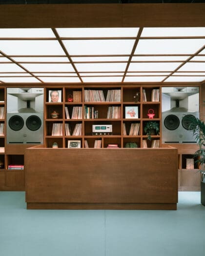 Speakers, vinyl and music memorabilia artfully displayed in the Milan listening bar, Mogo