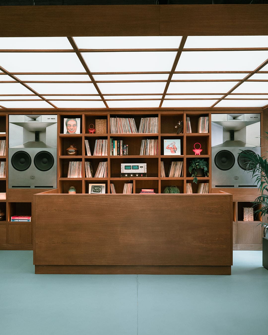 Speakers, vinyl and music memorabilia artfully displayed in the Milan listening bar, Mogo