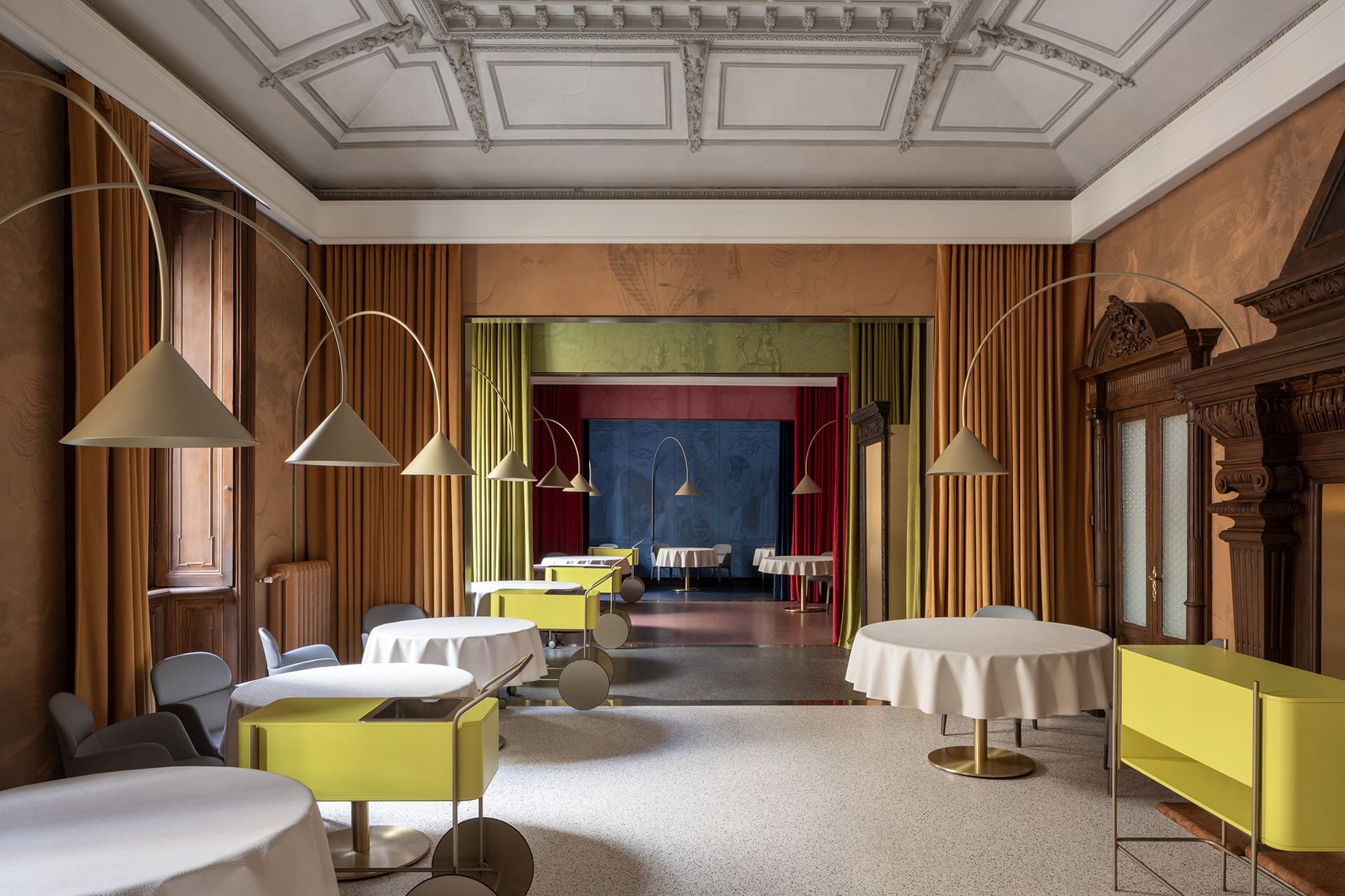 Dramatic interiors with bright pops of primary colour at Contraste in Milan