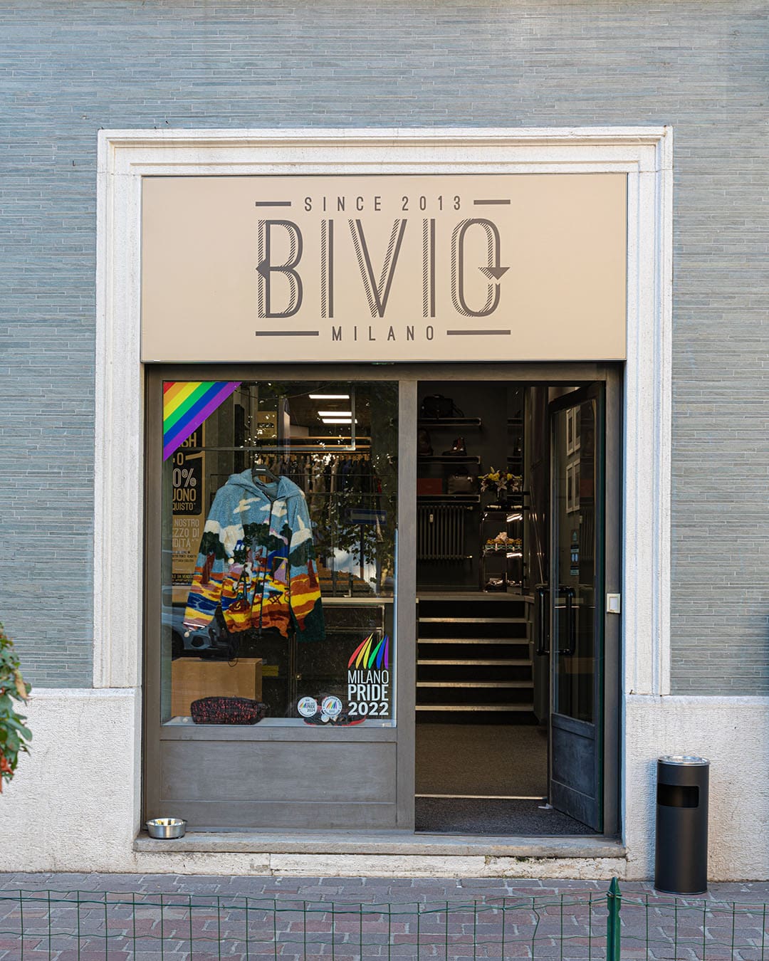 Exterior of a vintage fashion shop in Milan called Bivio