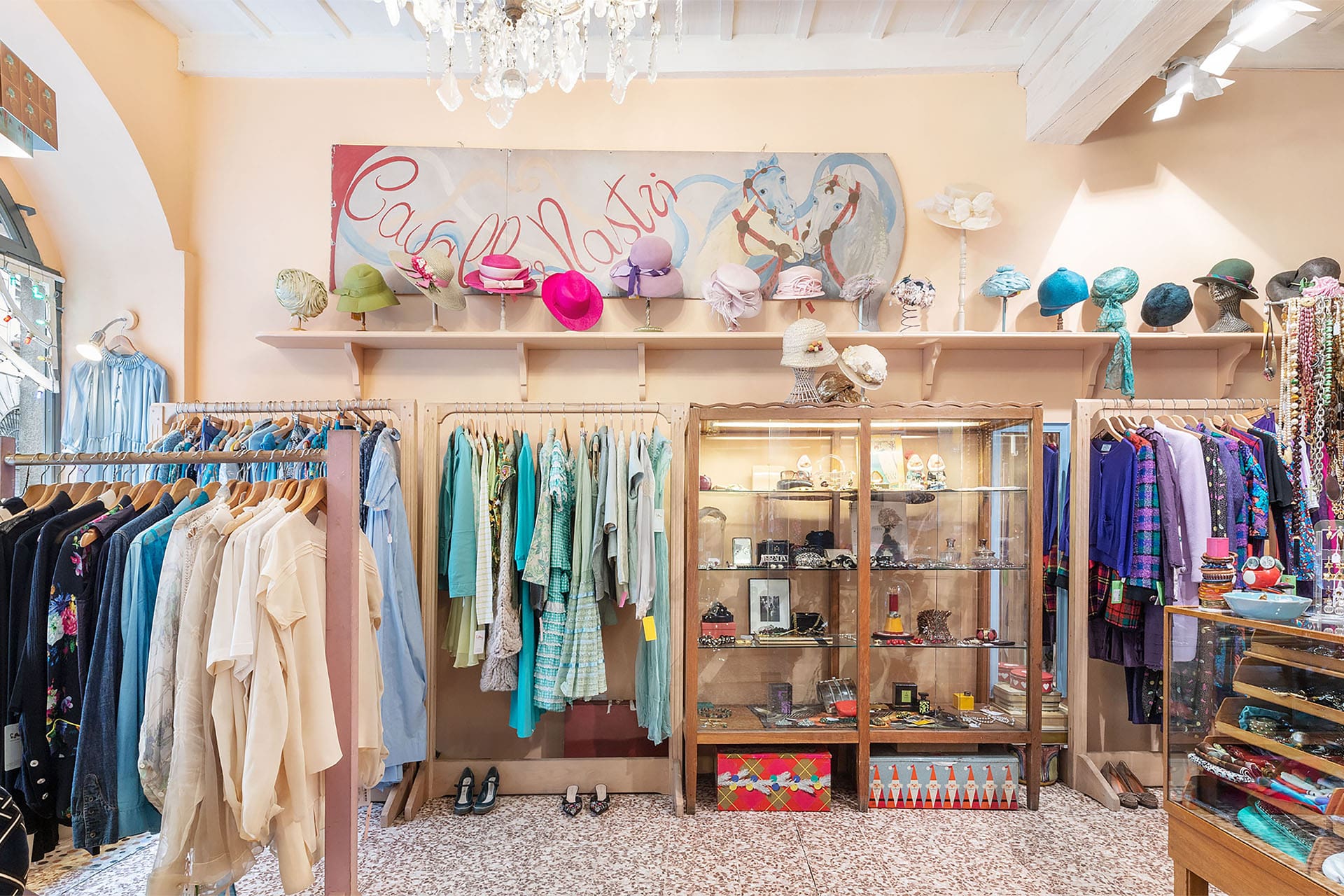Vintage fashions including shoes on display in the famous Milanese shop Cavalli e Nastri