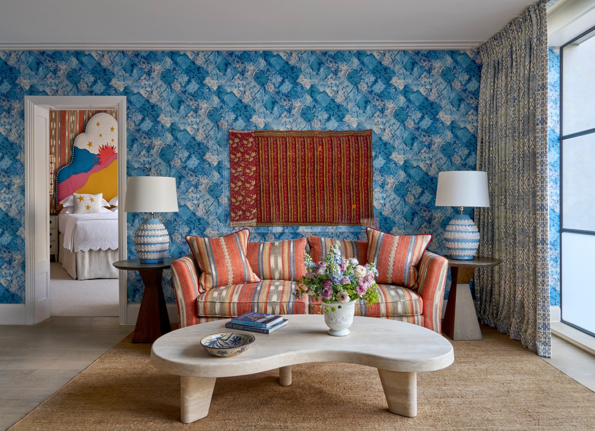 A wildly wallpapered room at One Denman Place by Firmdale Hotels, London