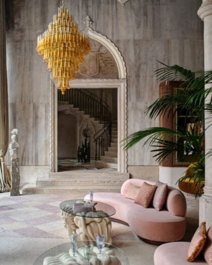 A murano chandelier in the lobby at Orient Express Venezia, Italy