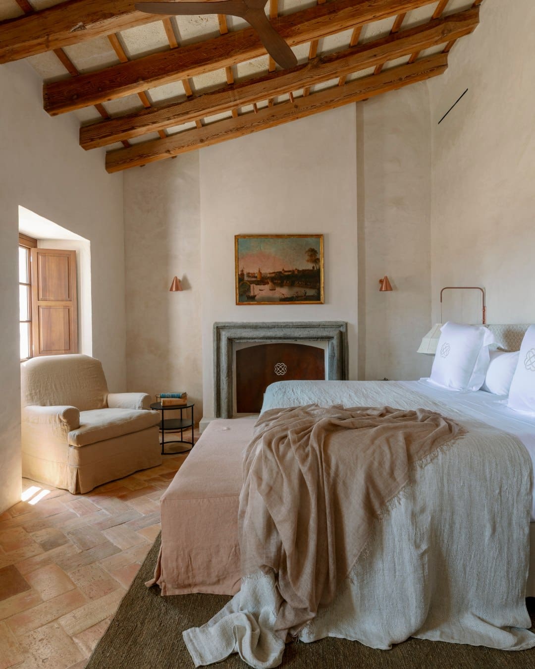 A soothing bedroom with exposed beams at Son Ermita Vestige Menorca